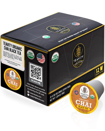 Teavity Organic Chai Black Tea Pods for Keurig, Naturally Caffeinated, 12 Count