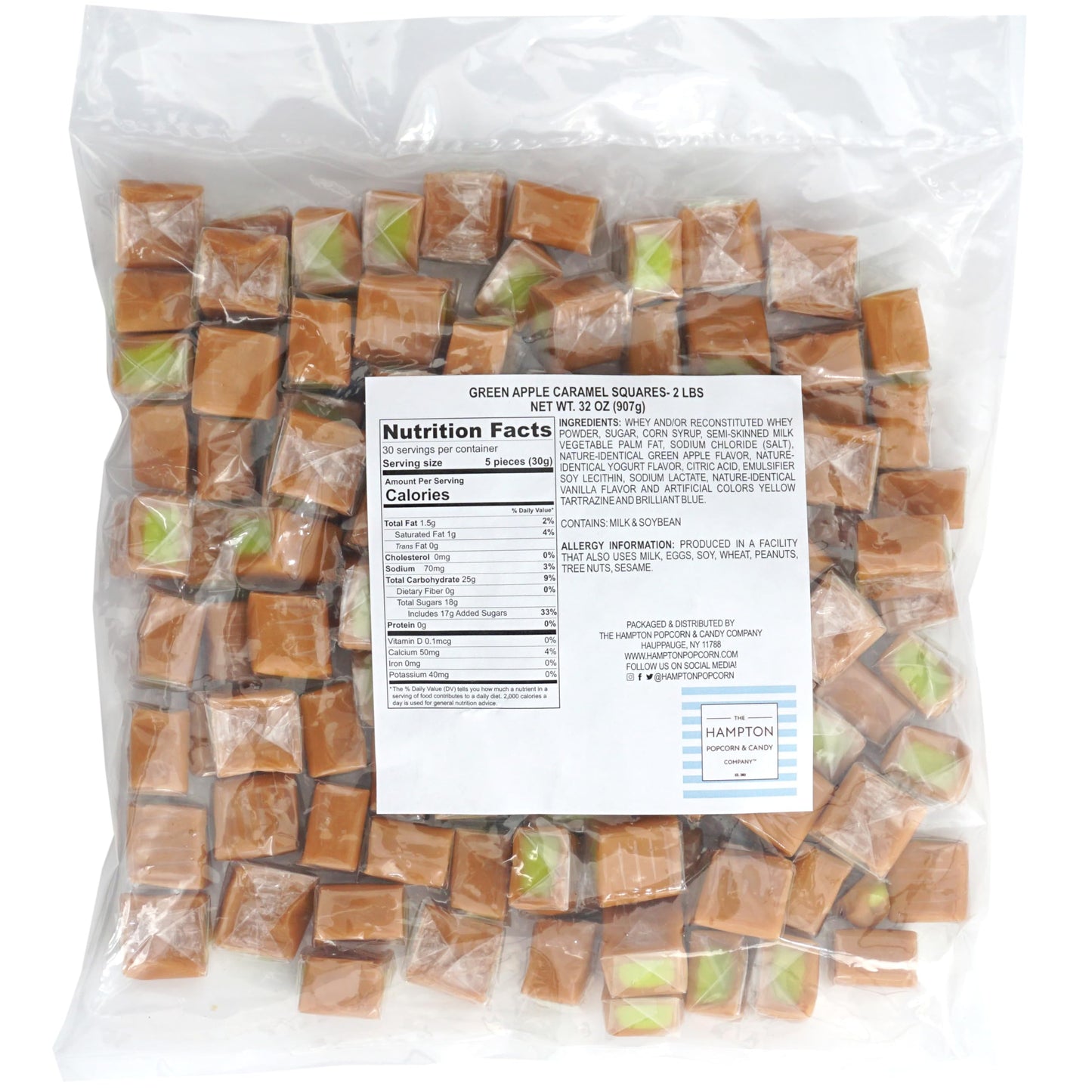 Green Apple Caramel Squares Candy, 2 Pound Bulk Bag (Approximately 125 Pieces), Apple Caramel Cubes, Individually Wrapped Chewy