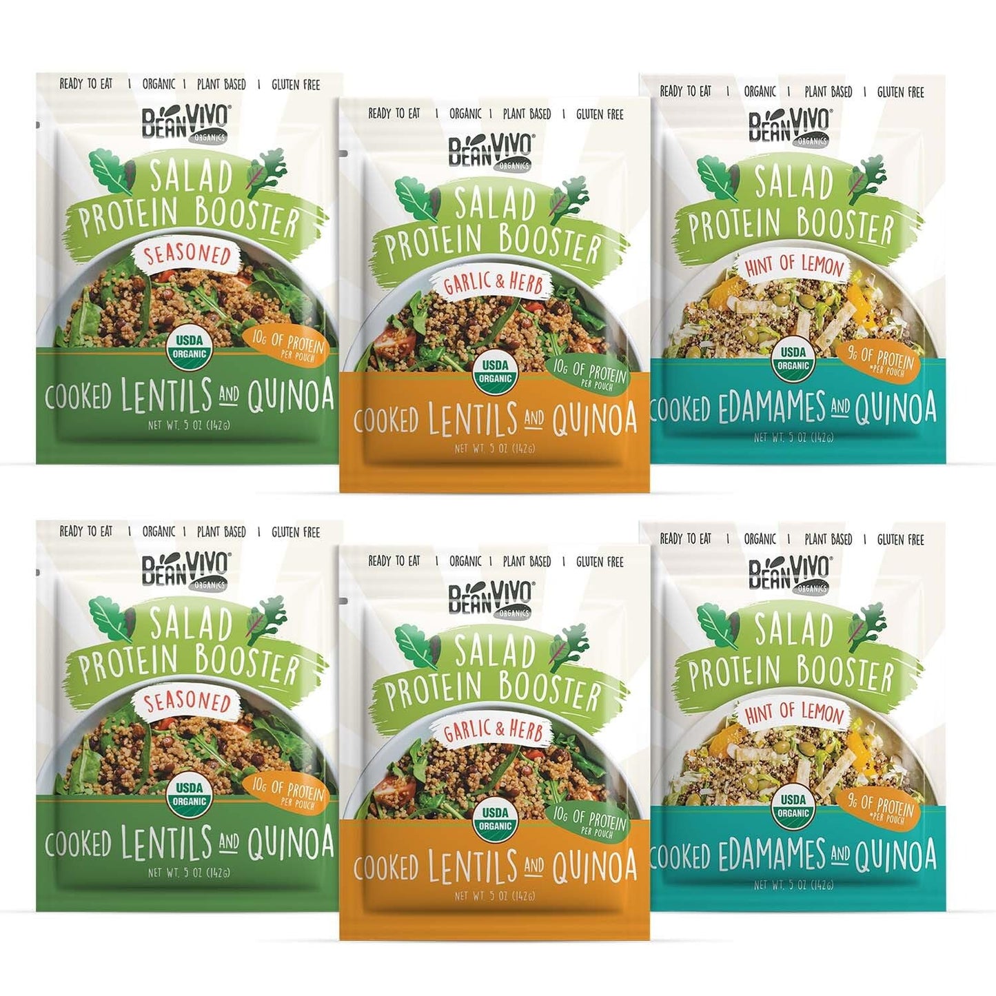BeanVIVO - Variety 6 Pack Salad Protein Boosters - Seasoned, Garlic & Herbs, Edamame - Delivering a burst of taste and 10g of pr