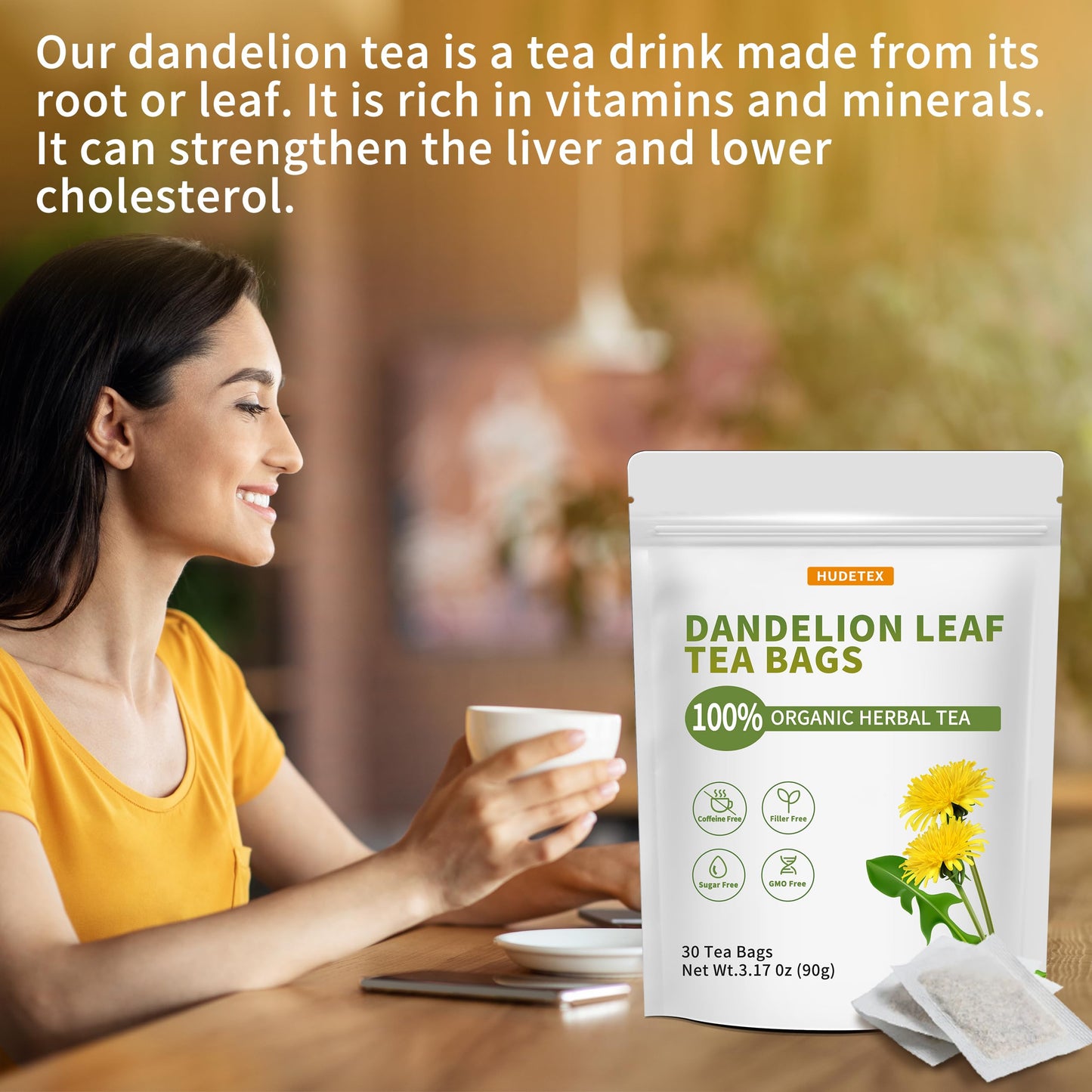 Hudetex Organic Dandelion Leaf & Root Tea Bags, Caffeine Free, 30 Bags, Resealable