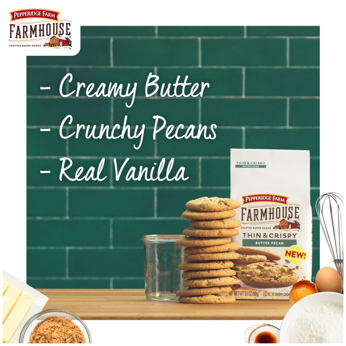 Pepperidge Farm Farmhouse Thin & Crispy Butter Pecan Cookies, 5.9 oz. Bag (Pack of 3)
