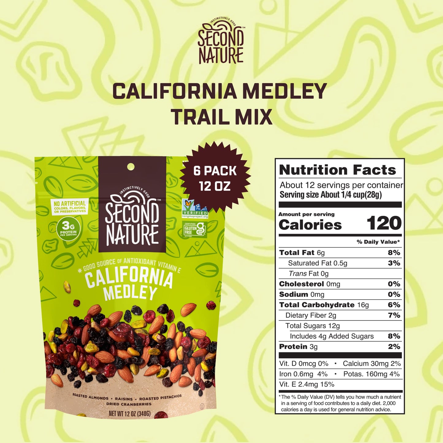 Second Nature California Medley Trail Mix, 12 oz Resealable Snack Pouches (Pack of 6) - Gluten-Free Nut Snack for On-the-Go Energy