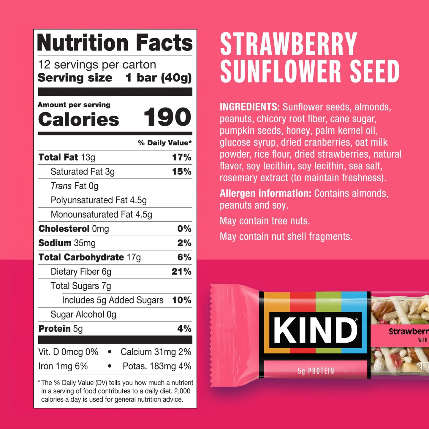 KIND Seeds Fruit & Nuts Snack Bar  Strawberry Sunflower Seed | 5g Protein  High Fiber  Gluten Free Bars  1.4 OZ  36 Count