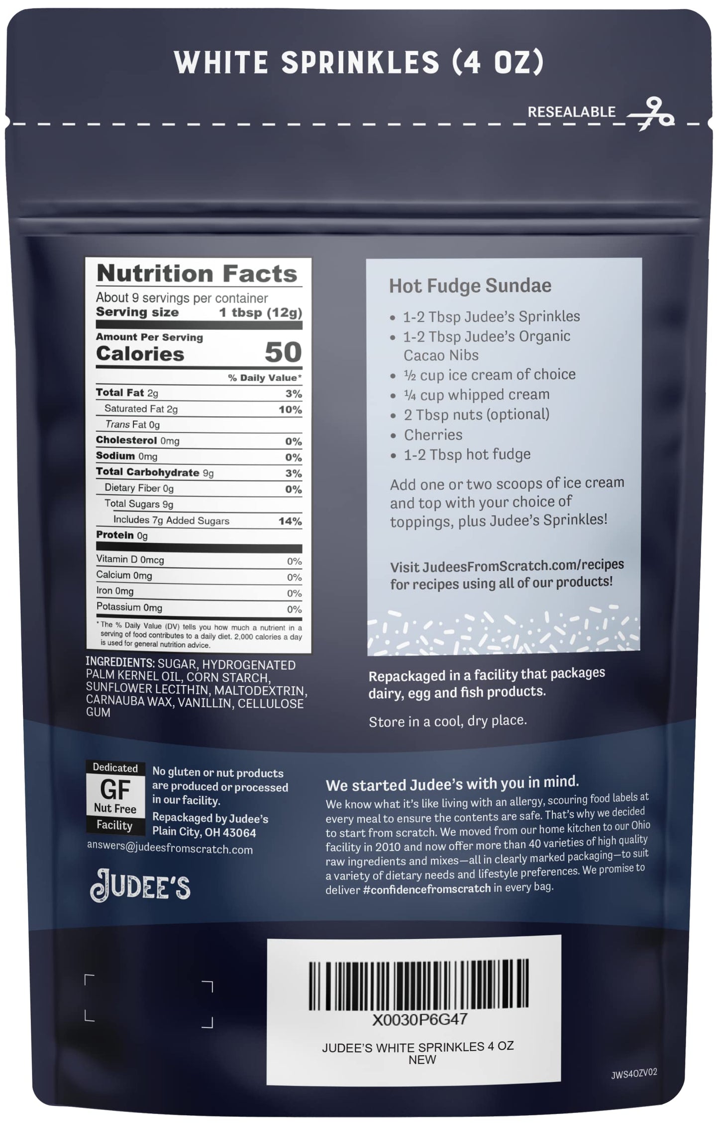 Judees White Sprinkles - Gluten-Free, Nut-Free, 4 oz - Perfect for Baking and Decoration