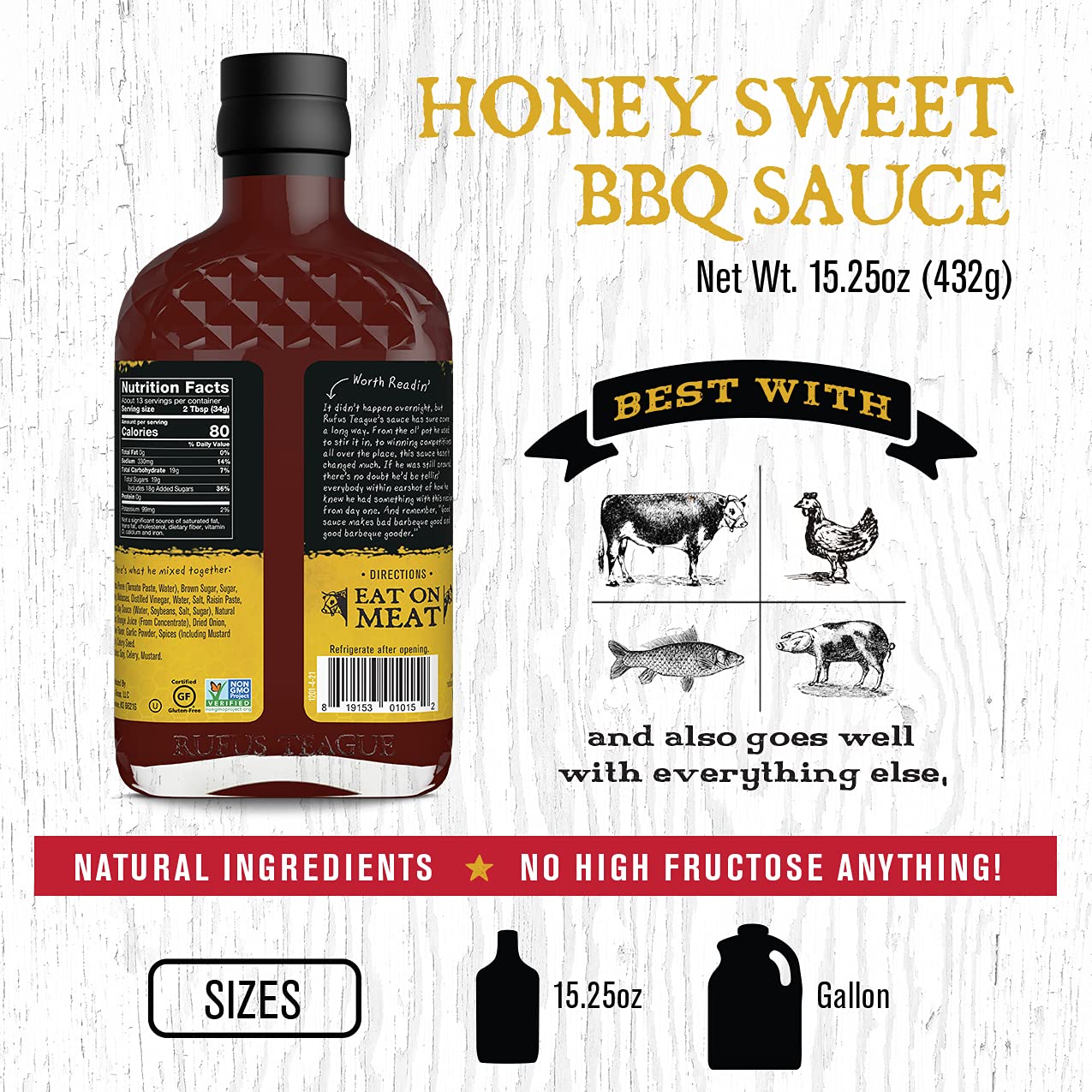 Rufus Teague - Honey Sweet Bbq Sauce - Premium Barbecue Sauce - 15.25 Oz. Bottles - 6 Pack