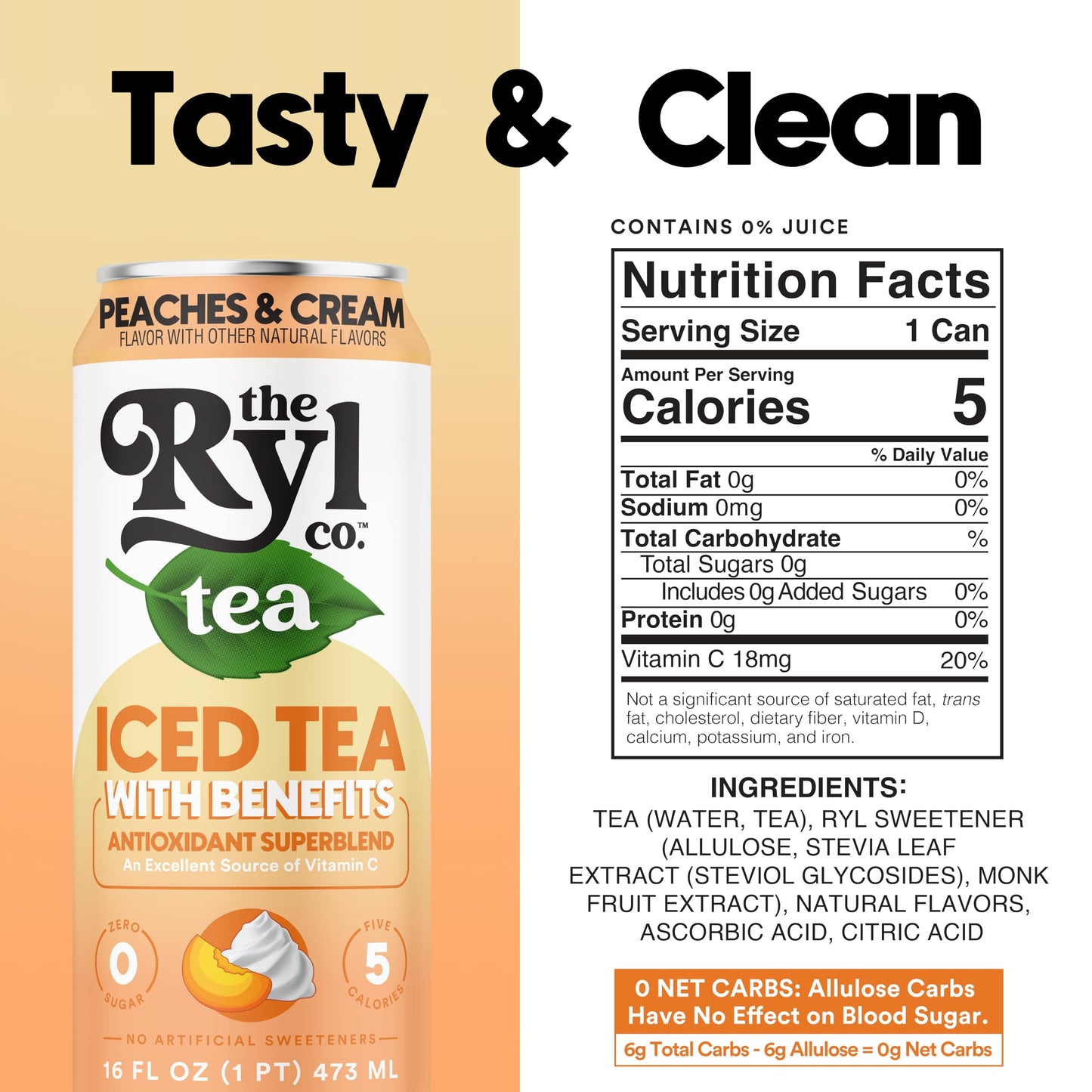 Ryl Iced Tea, Peaches & Cream Tea, Antioxidant Superblend, Zero Sugar, Low Carb, Zero Calorie Iced Tea, 16.0 Fl Oz (12-Pack)