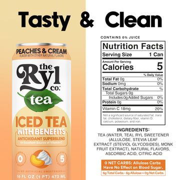 Ryl Iced Tea, Peaches & Cream Tea, Antioxidant Superblend, Zero Sugar, Low Carb, Zero Calorie Iced Tea, 16.0 Fl Oz (12-Pack)