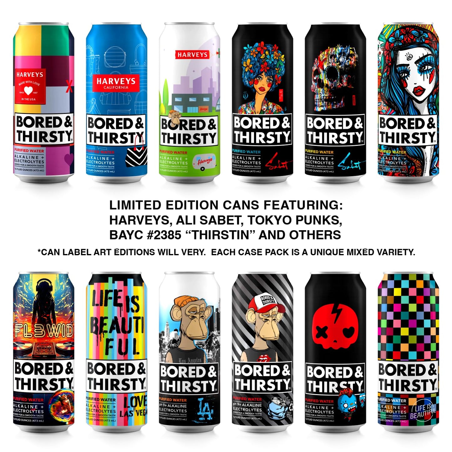 Bored & Thirsty Supreme Water with Electrolytes, 16 Fl Oz, 12 Pack, 100% Recyclable Aluminum Cans, Limited Edition Can Art