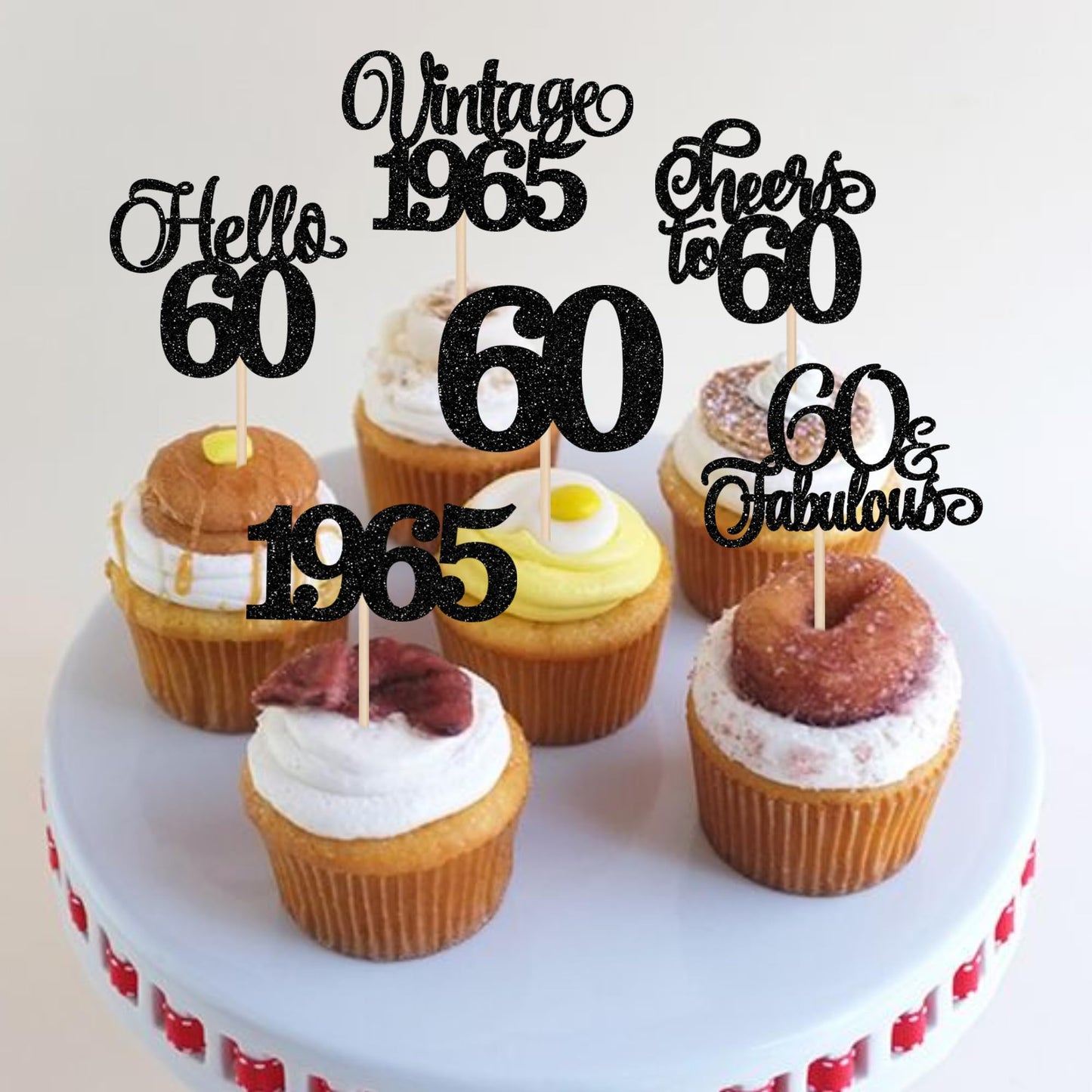 Rssta i Cupcake Toppers - Vintage 1965 Glitter Picks for 60th Birthday Party - Black Paper - 24 Pack