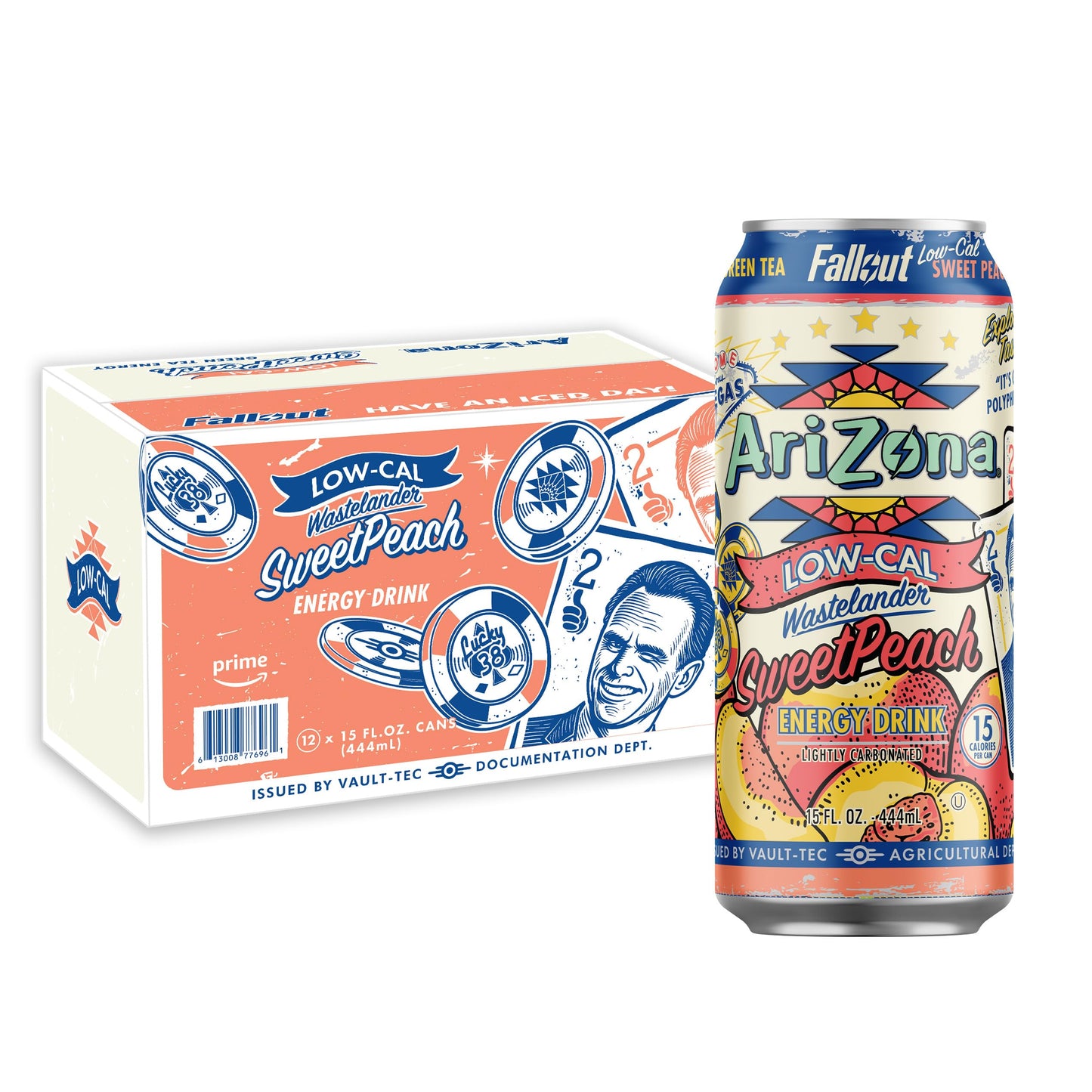 Arizona X Fallout Low Calorie Sweet Peach Green Tea Energy Drink  15 Fl Oz (Pack Of 12) - 190Mg Energy Blend Per Can