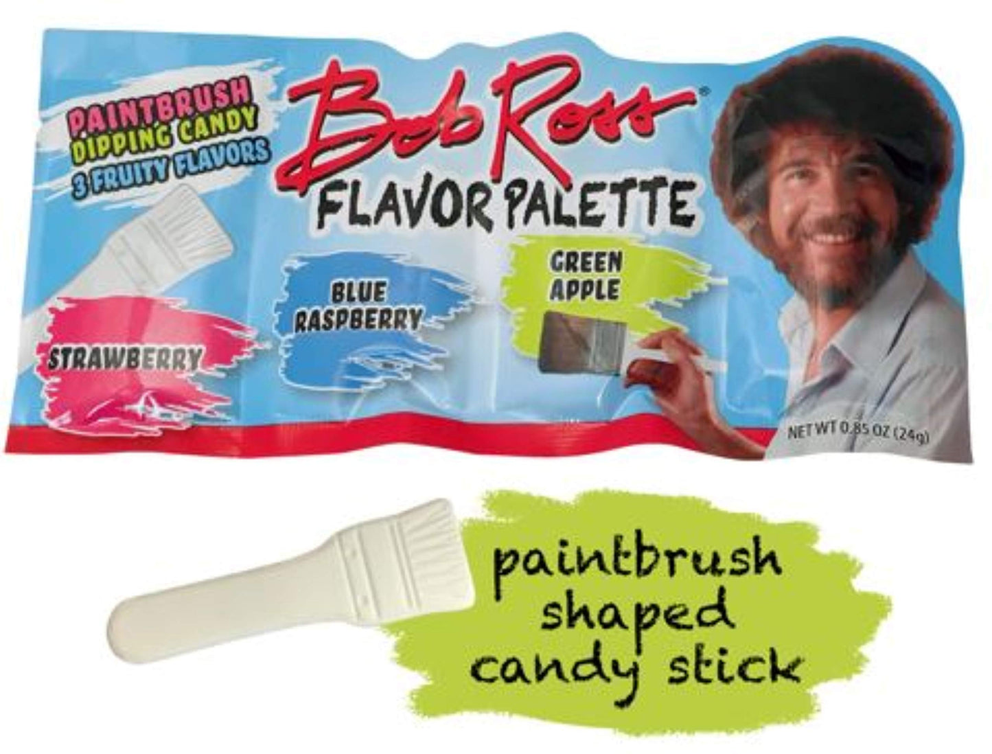 Bob Ross Flavor Palette Paintbrush Dipping Candy - One (1) 0.85 Oz Pack. 3 Fruity Flavors Strawberry, Blue Raspberry And Green Apple