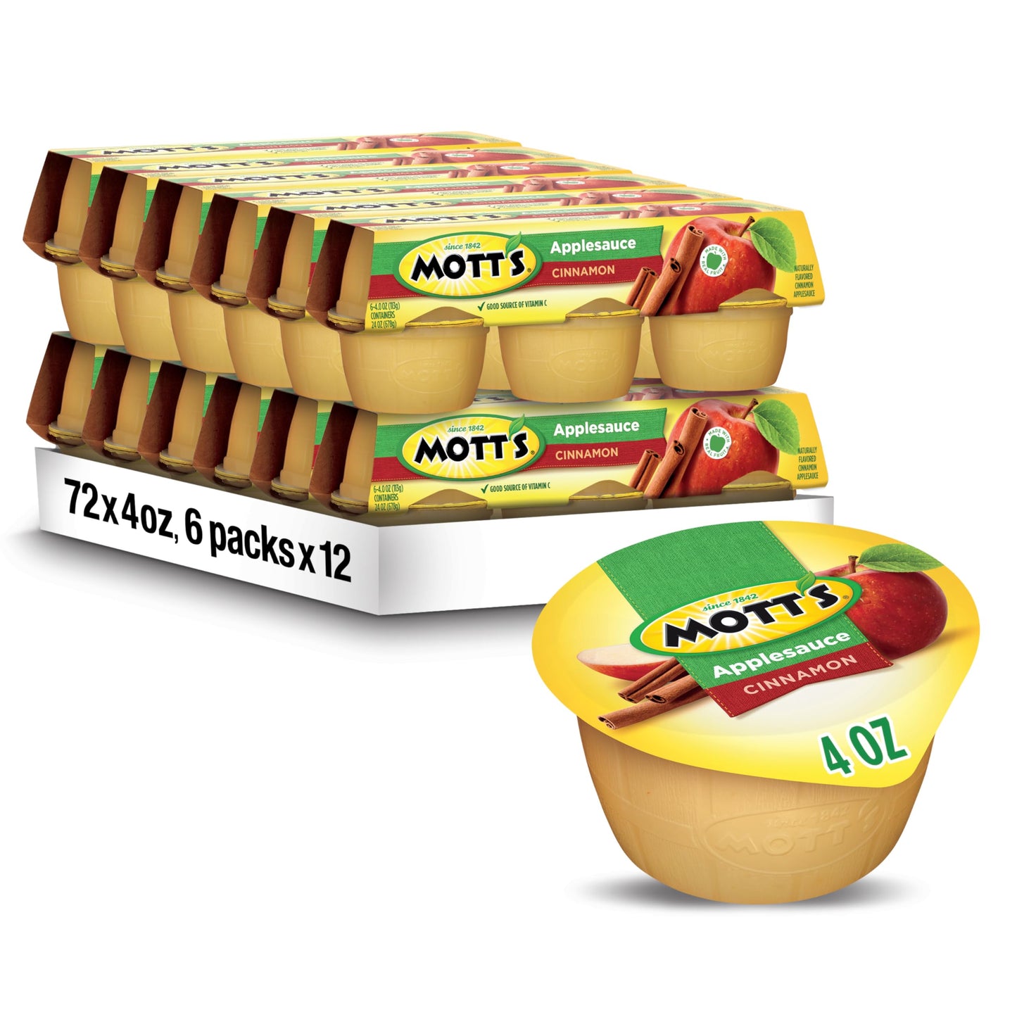 Mott'S Cinnamon Applesauce, 4 Oz Cups, 72 Count (12 Packs Of 6), No Artificial Flavors, Good Source Of Vitamin C, Nutritious Opt