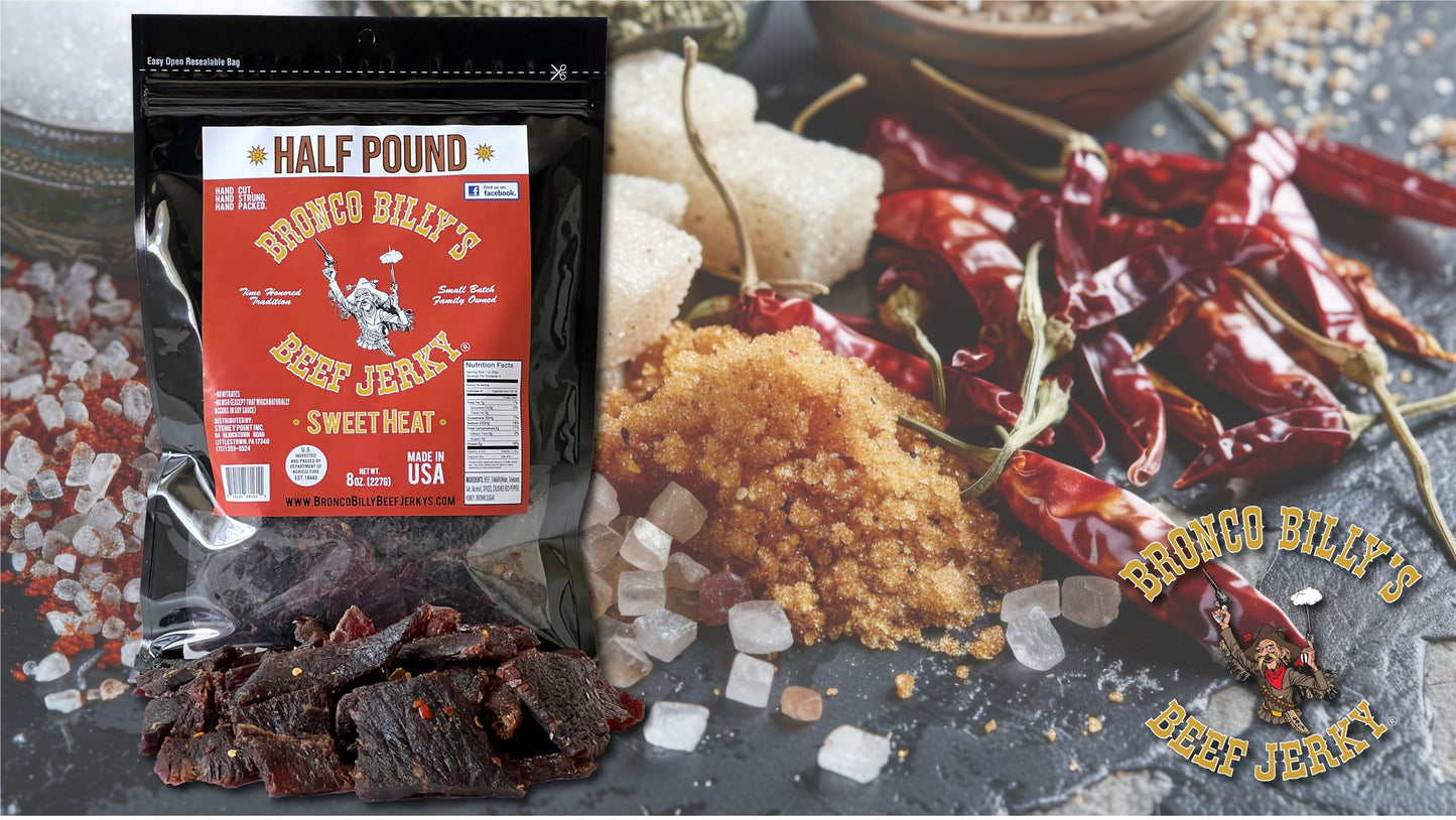 Bronco Billy'S Beef Jerky Sweet Heat, Half Pound Resealable Bag, Spicy & Sweet Flavor, Hand Cut, Hand Strung, Hand Packed, Made