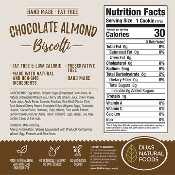 DIJAS Natural Foods, Individually Wrapped Fat Free Biscotti Cookies, All Natural Preservative Free Ingredients, Delicious Low Ca