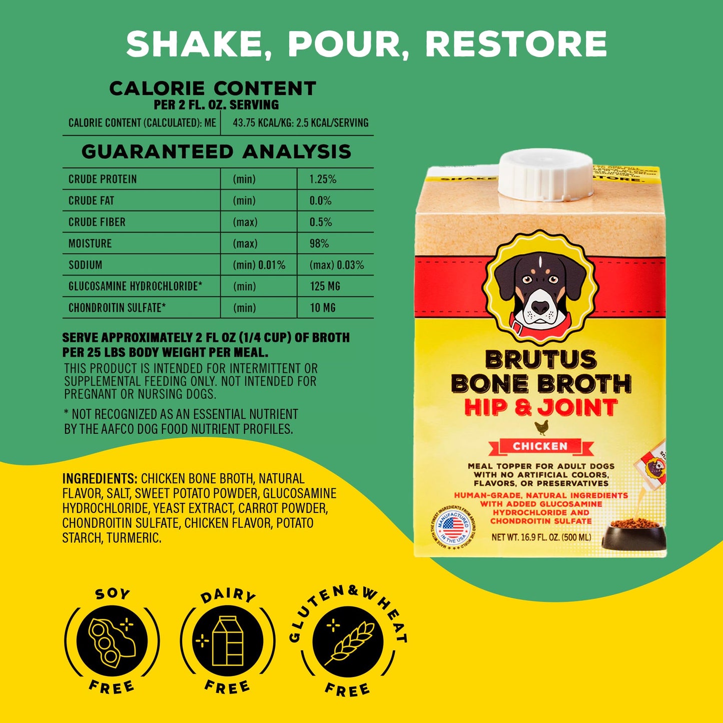 Brutus Bone Broth Chicken Broth for Dogs - All Natural, Human Grade, 16.9 oz (Pack of 6)