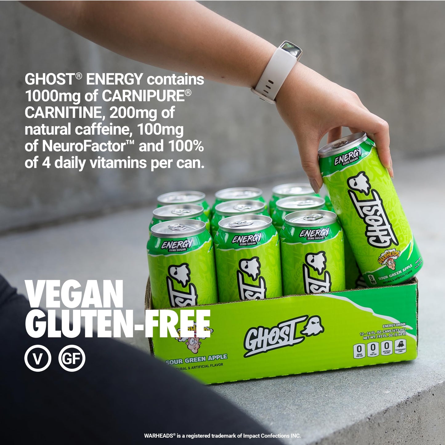 GHOST Energy Drink - 12-Pack, Warheads Sour Green Apple, 16oz, 200mg Natural Caffeine, Gluten-Free, Vegan, Model CM05171-24