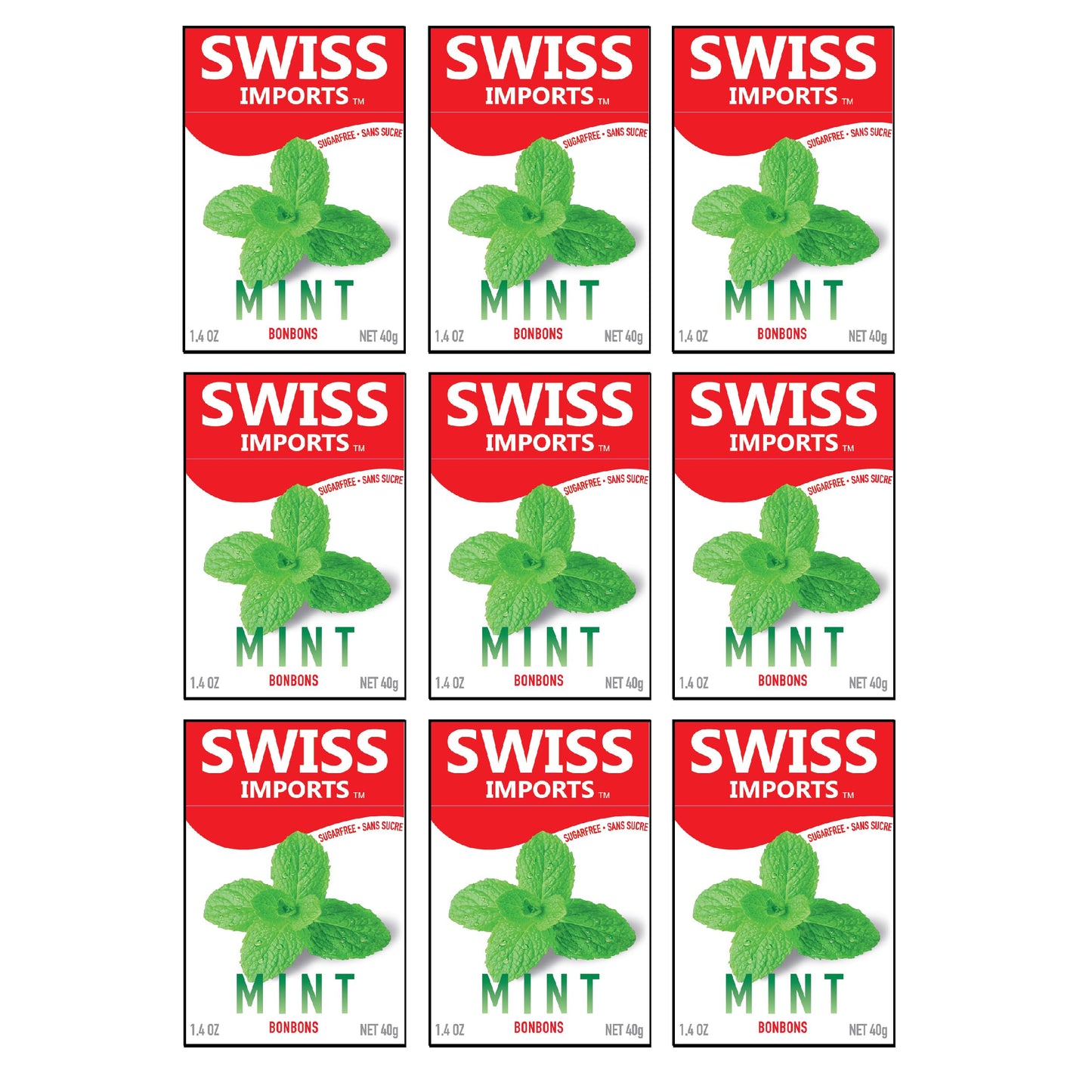 Swiss Imports Sugar Free Bonbons Hard Candy Drops, Mint, 1.4 oz/40g Box, 9 Pack