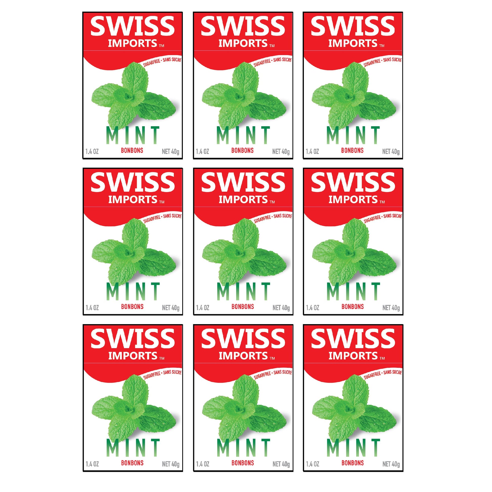 Swiss Imports Sugar Free Bonbons Hard Candy Drops, Mint, 1.4 oz/40g Box, 9 Pack