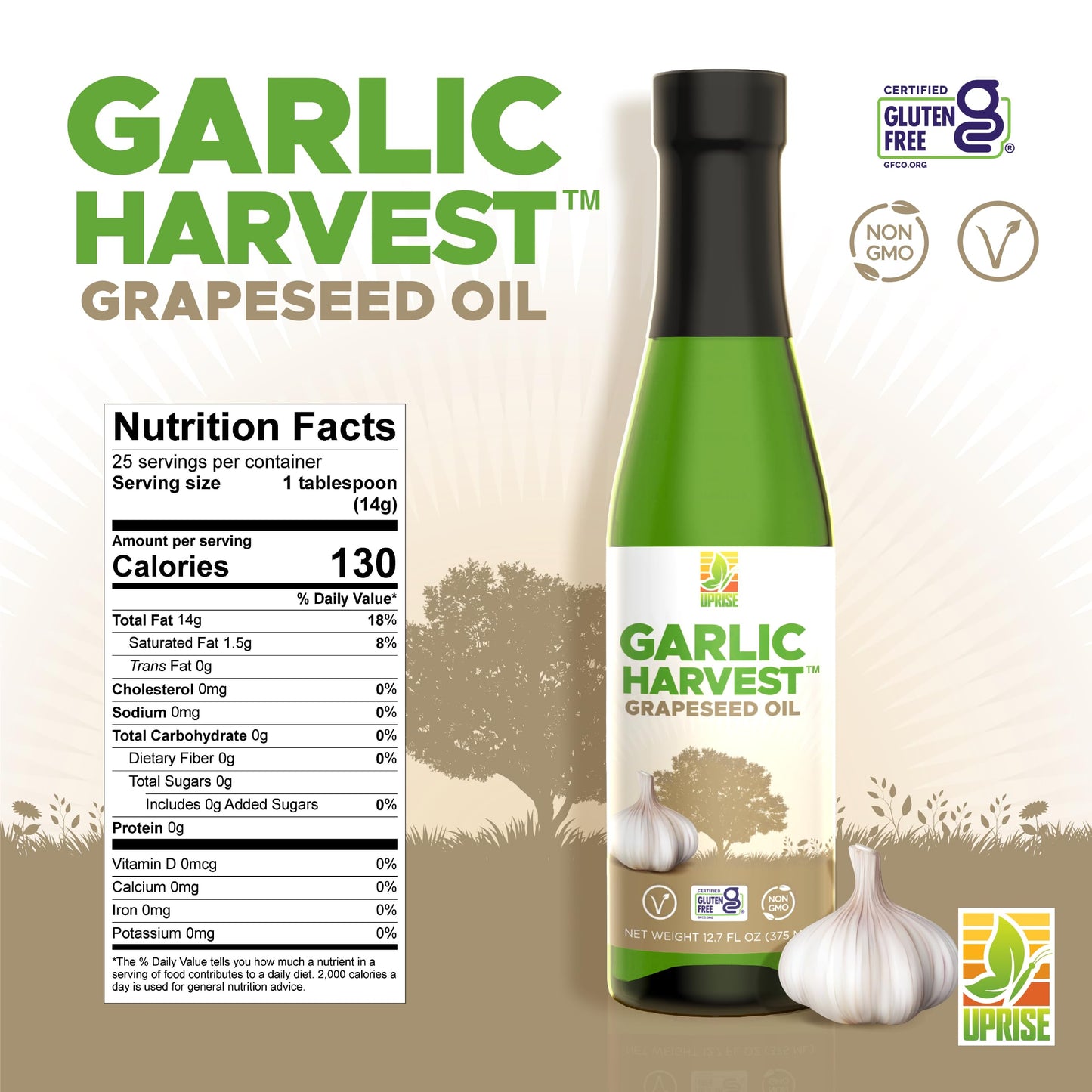 Garlic Harvest Grapeseed Oil 12.7 Oz (High Smoke Point, Gluten-Free, Non-Gmo, Healthy Evo Alternative)