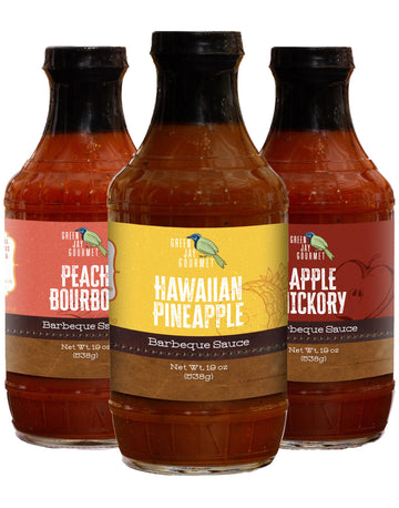 Green Jay Gourmet BBQ Sauce - Sweet Sampler - Smoky Orange, Apple Hickory & Peach Bourbon - 19 Ounces, Pack of 3