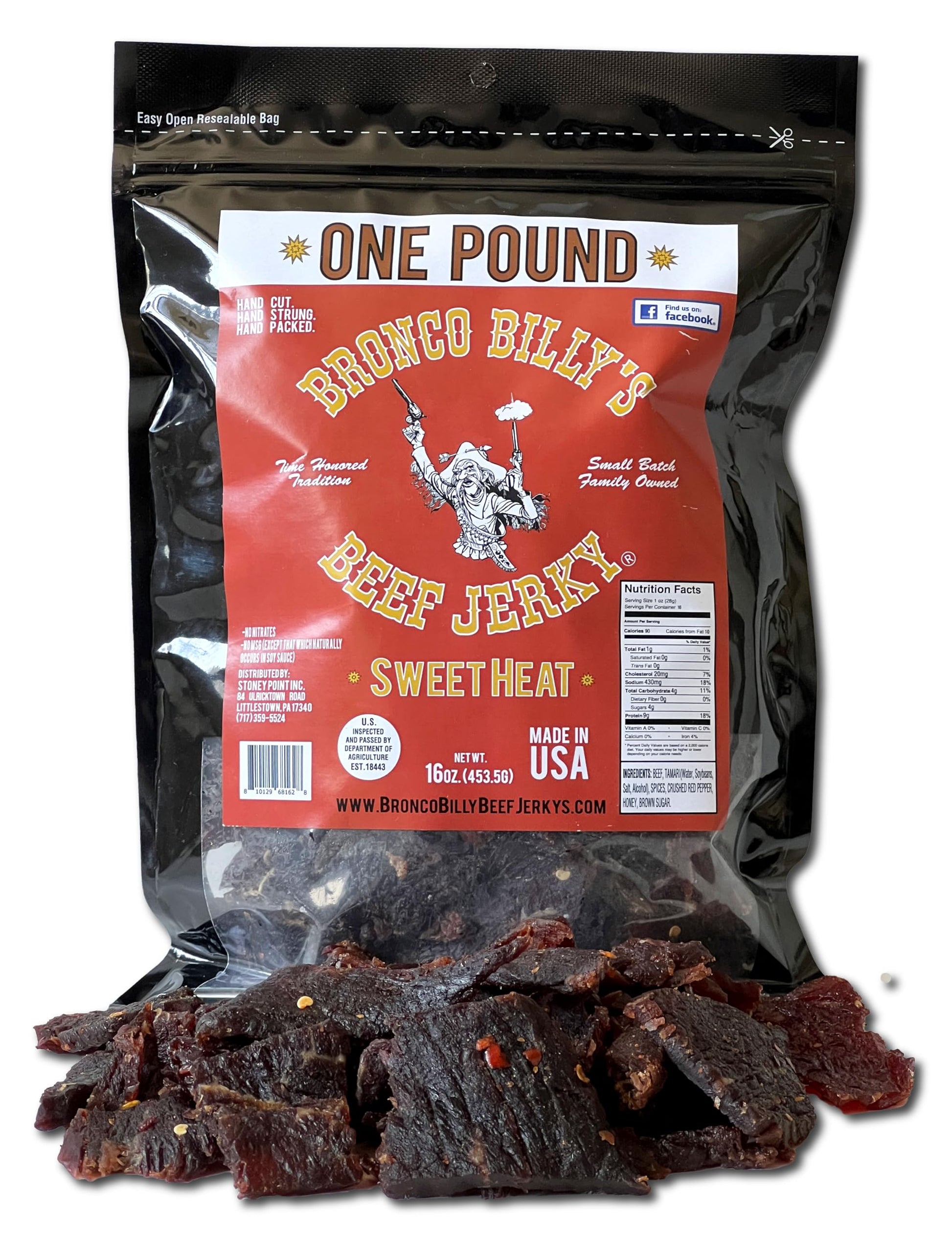 Bronco Billy's Beef Jerky Sweet Heat, One Pound Resealable Bag, Spicy & Sweet Flavor, Hand Cut, Hand Strung, Hand Packed, Made i