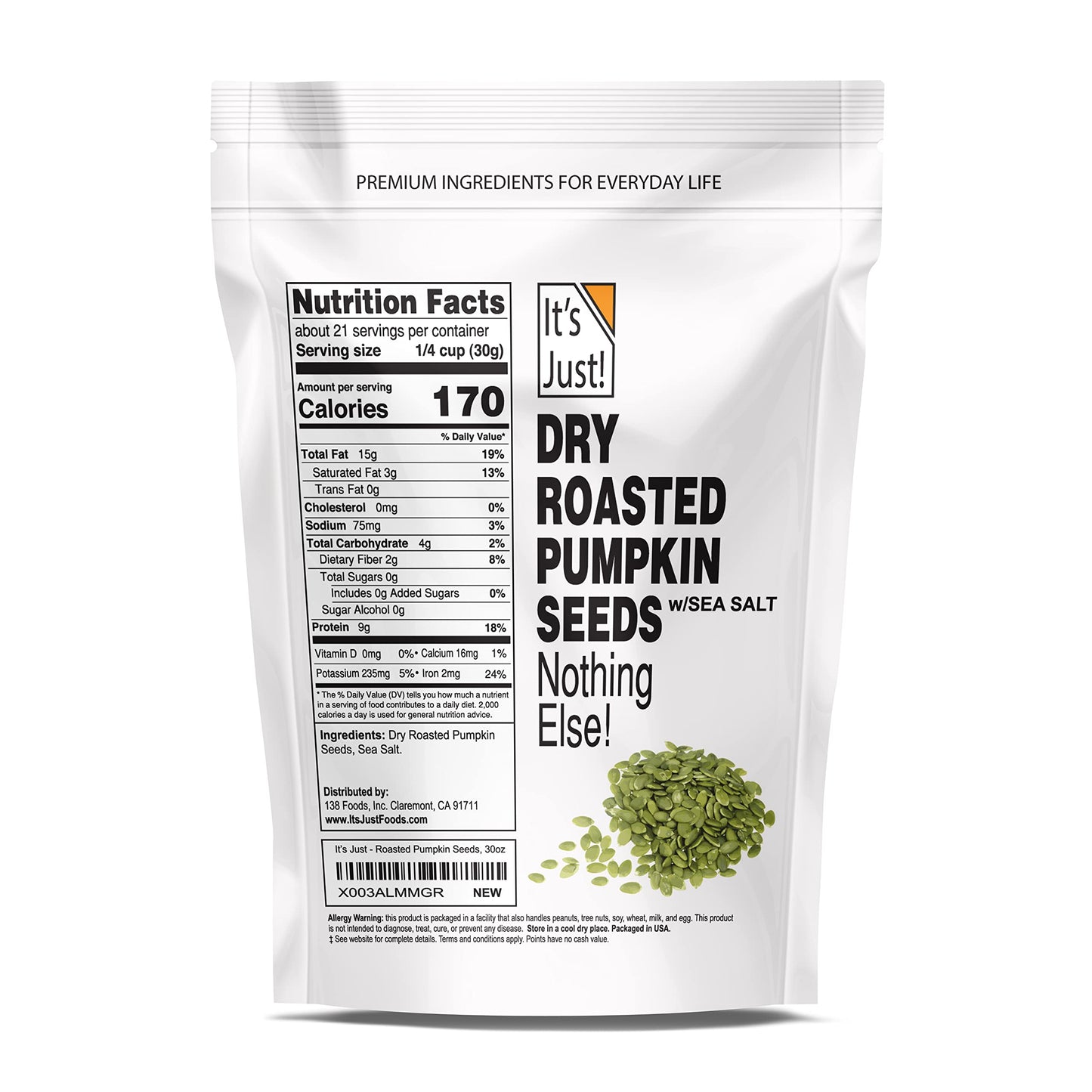 It'S Just - Pumpkin Seeds (Pepitas), No Shell, Keto Friendly Snacking, Non-Gmo, Packed In Usa (Dry Roasted/Sea Salted, 30 Ounce)