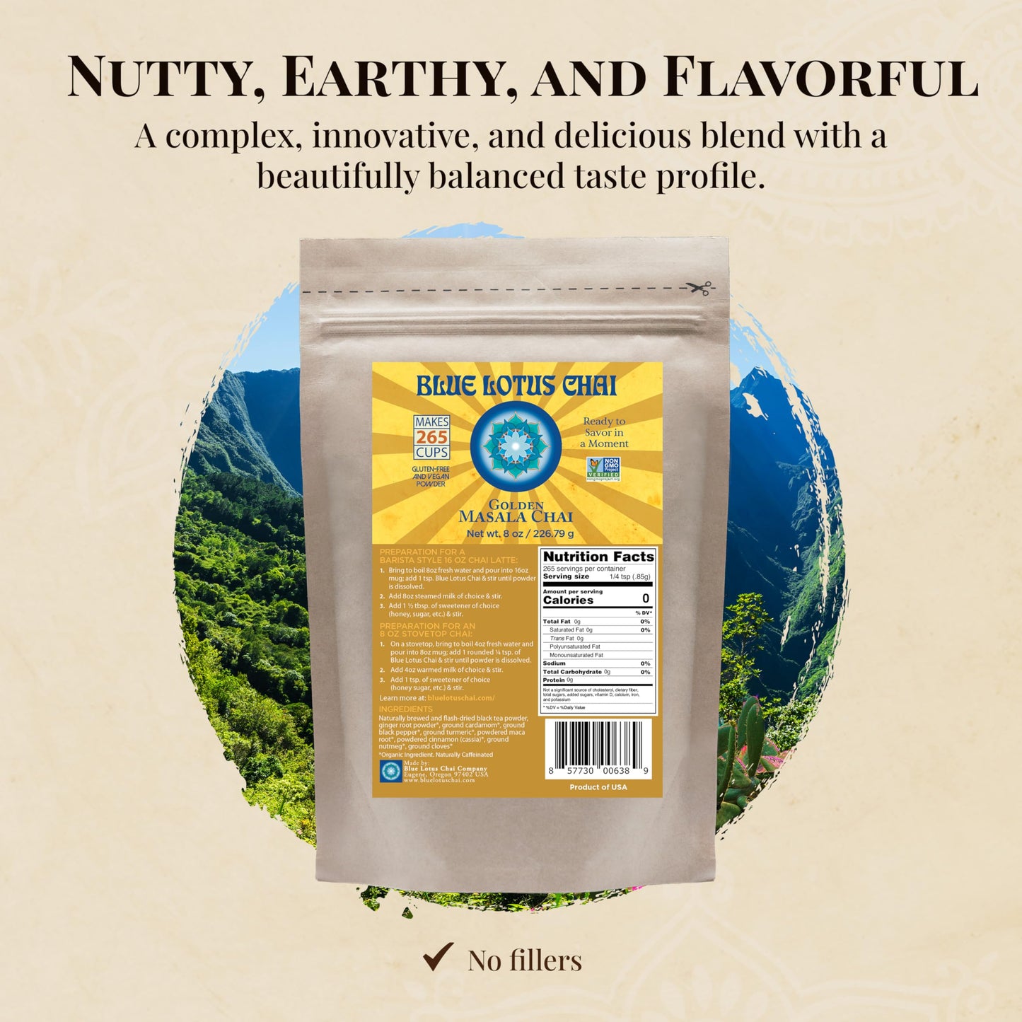 Blue Lotus Chai - Golden Masala Chai With Turmeric And Maca - Makes 265 Cups - Just Add Hot Water, No Steeping, No Gluten - 8 Ou