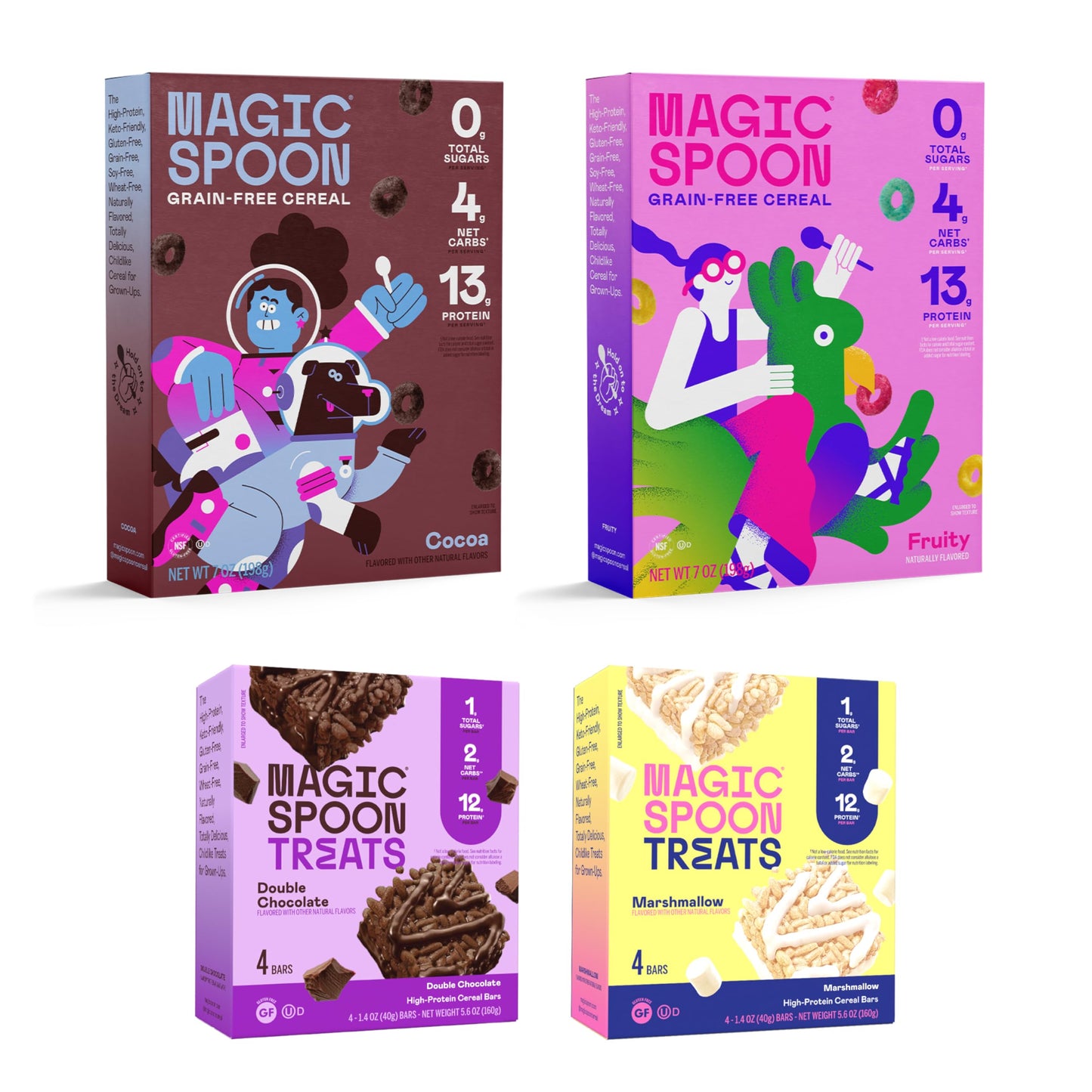 Magic Spoon Starter Pack - 1 Box Fruity Cereal, 1 Box Cocoa, 4 Marshmallow Bars, 4 Double Chocolate Bars - Keto, High Protein, Low Sugar