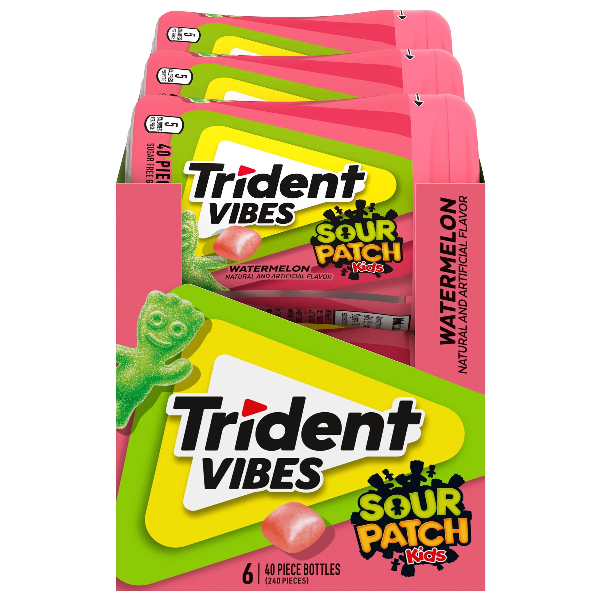 Trident Vibes SOUR PATCH KIDS Watermelon Sugar Free Gum, 240 Pieces, 6 Bottles, Crunchy