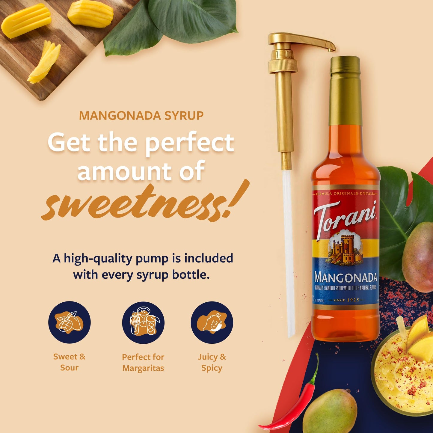 Torani Mangonada Syrup for Iced Tea, Lemonade, Sodas & Cocktails - 25.4 Fl Oz with Pump Included