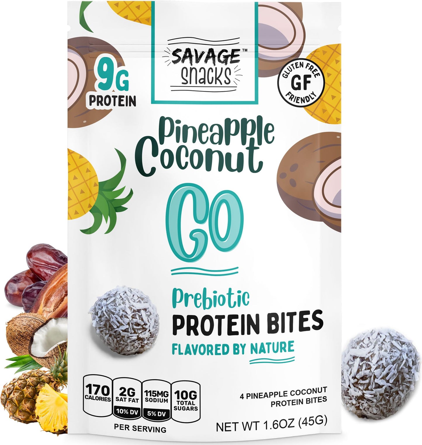 Savage Snacks Go Pineapple Coconut Whole Food Prebiotic 9G Protein Balls & Bites - Convenient On-The-Go Tasty Protein Snacks - High-Protein, Gluten-Free, Grain-Free & Flavored By Nature