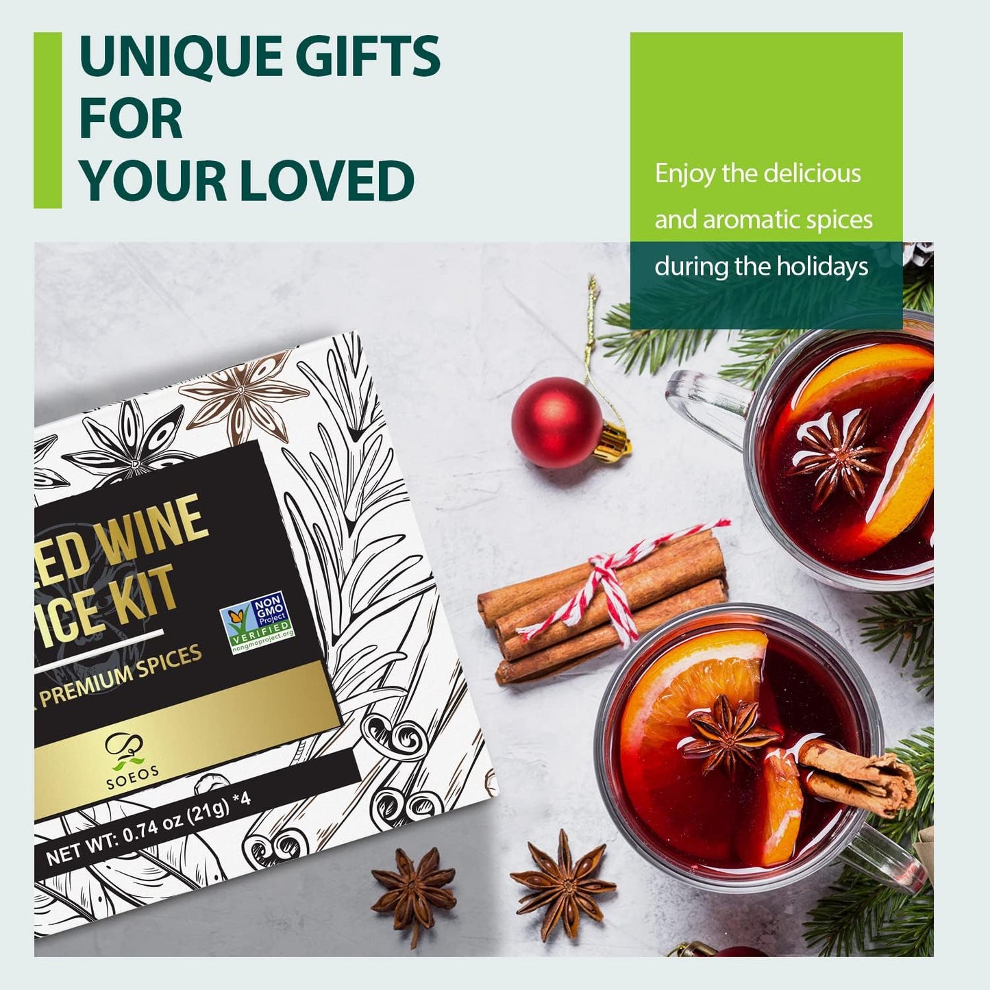 Soeos Mulled Wine Spice Kit, Mulling Spices for Wine, Cider & Tea, 2.96 oz (0.74 oz*4), Brown