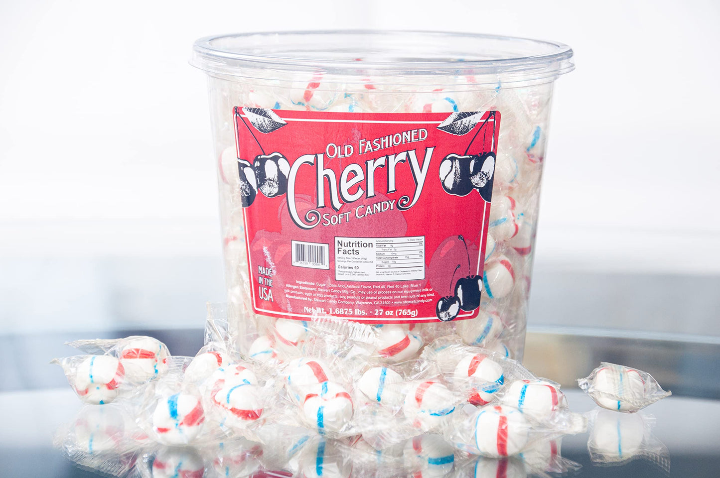 Stewart Old Fashioned Cherry Candy Balls | Individually Wrapped Candy | Pure Cane Sugar Candy | Fat-Free, Cholesterol-Free, Gluten-Free | Classic Soft/Hard Texture, Made In Usa - 27 Oz Tub