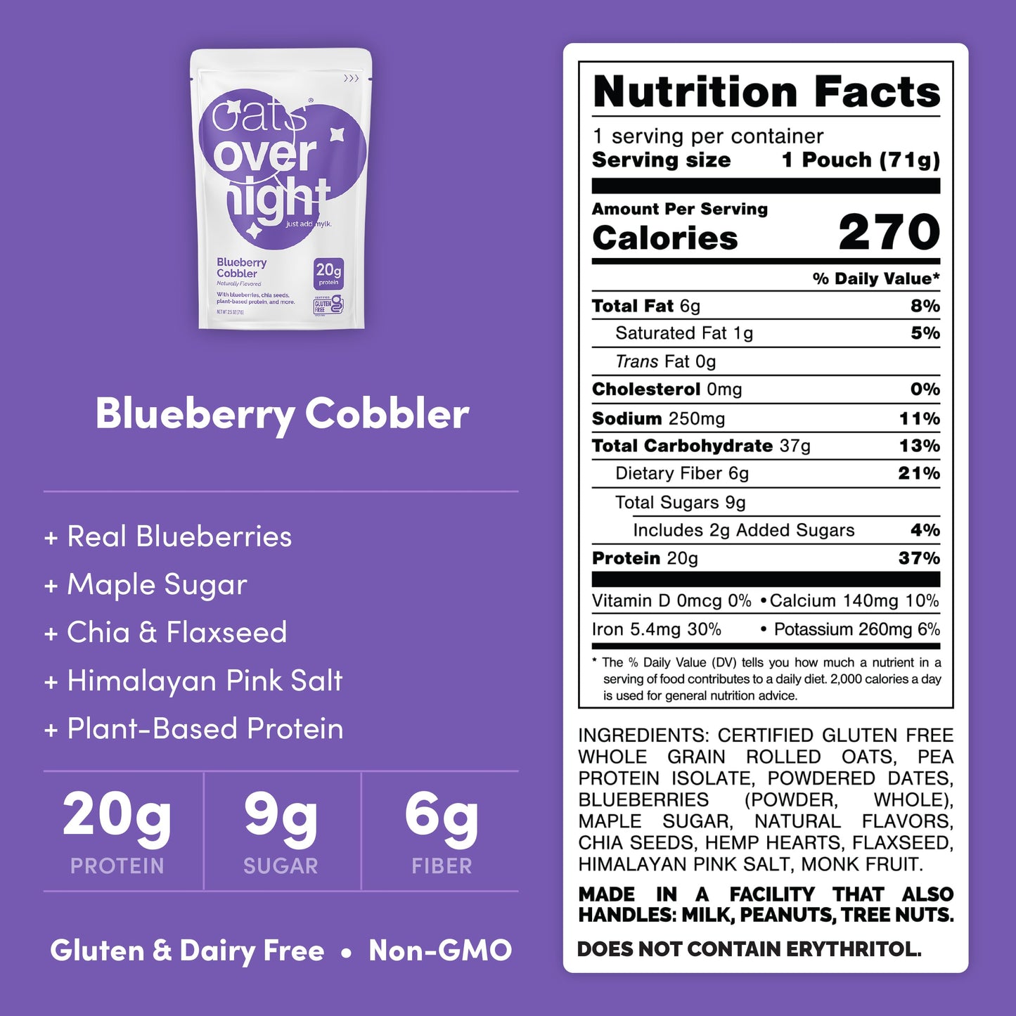 Oats Overnight Blueberry Cobbler Oatmeal - Dairy Free, High Protein, Gluten Free, 8 Pack (2.5oz each)
