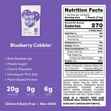 Oats Overnight Blueberry Cobbler Oatmeal - Dairy Free, High Protein, Gluten Free, 8 Pack (2.5oz each)