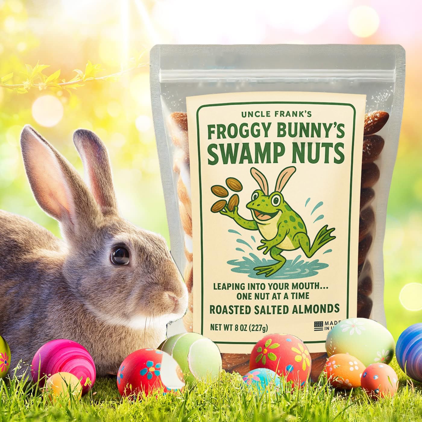 Gears Out Uncle Frank’s Froggy Bunny’s Swamp Nuts, 8oz Roasted Almonds, Funny Easter Gag Gift for mature-themeds, Made in USA