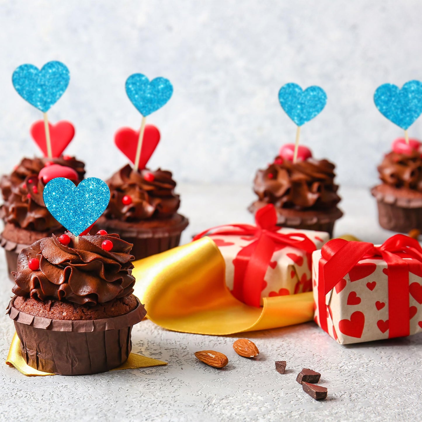 Gyufise Heart Cupcake Toppers 30Pcs Glitter Paper Picks for Valentines Day Party Decorations, Blue, Model ZN0555-BL