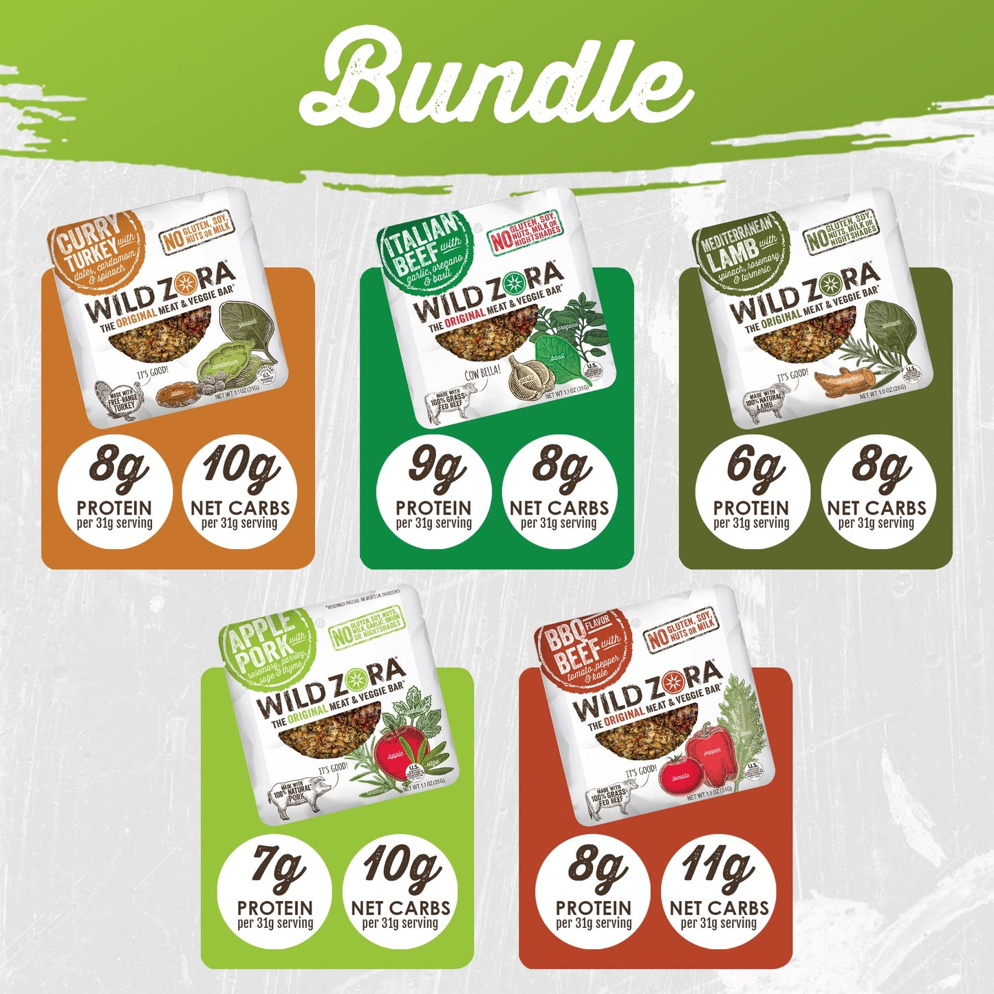 Wild Zora Meat & Veggie Bars, Variety 5-Pack, Natural Pork, Beef, Lamb, & Turkey Jerky Snacks, Healthy Paleo Snacks, Aip Friendl