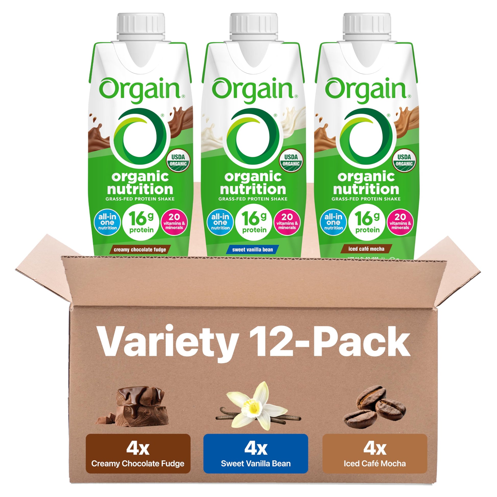 Orgain Organic Nutritional Protein Shake  16g Grass Fed Whey Protein  Meal Replacement  20 Vitamins & Minerals  Fruits & Vegetables Variety Pack  Chocolate  Vanilla  Mocha  11 Fl Oz (12 Pack)