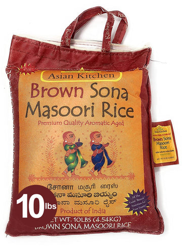 Asian Kitchen Brown Sona Masoori Aged Rice 10-Pound Bag, 10lbs (4.54kg) Short Grain Rice ~ All Natural | Gluten Friendly | Vegan