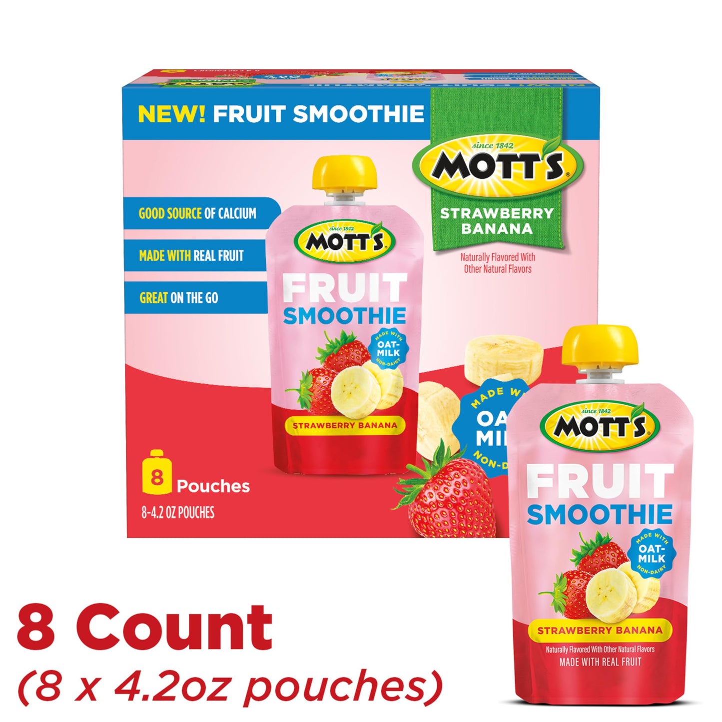 Motts Fruit Smoothies Strawberry Banana, 4.2 oz clear pouches, 8 Pack, Non-dairy, Made With Oatmilk, Made With Real Fruit, Good
