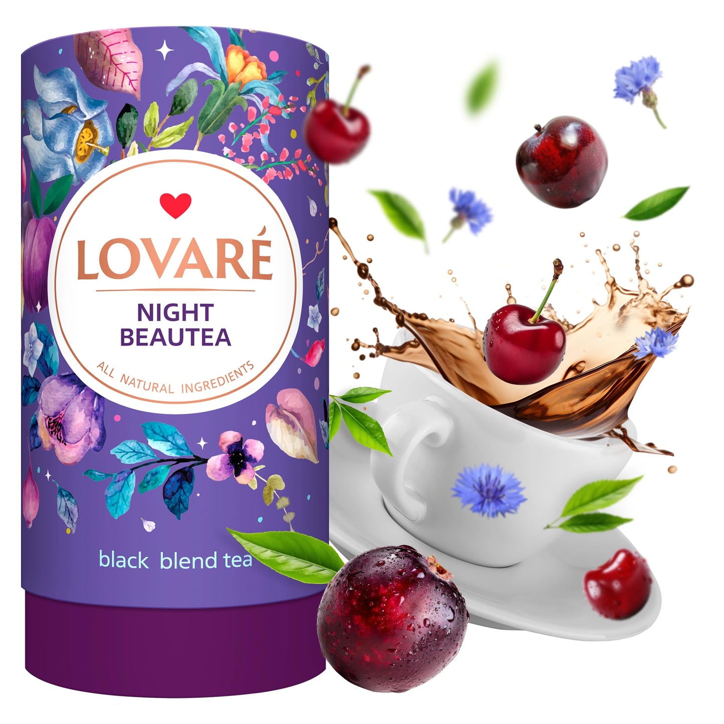 LOVARE Night Beautea Loose Leaf Tea - Ceylon Black Tea with Cherry Berries & Pomegranate Aroma - 80 g - Gift Box with 15 Filters