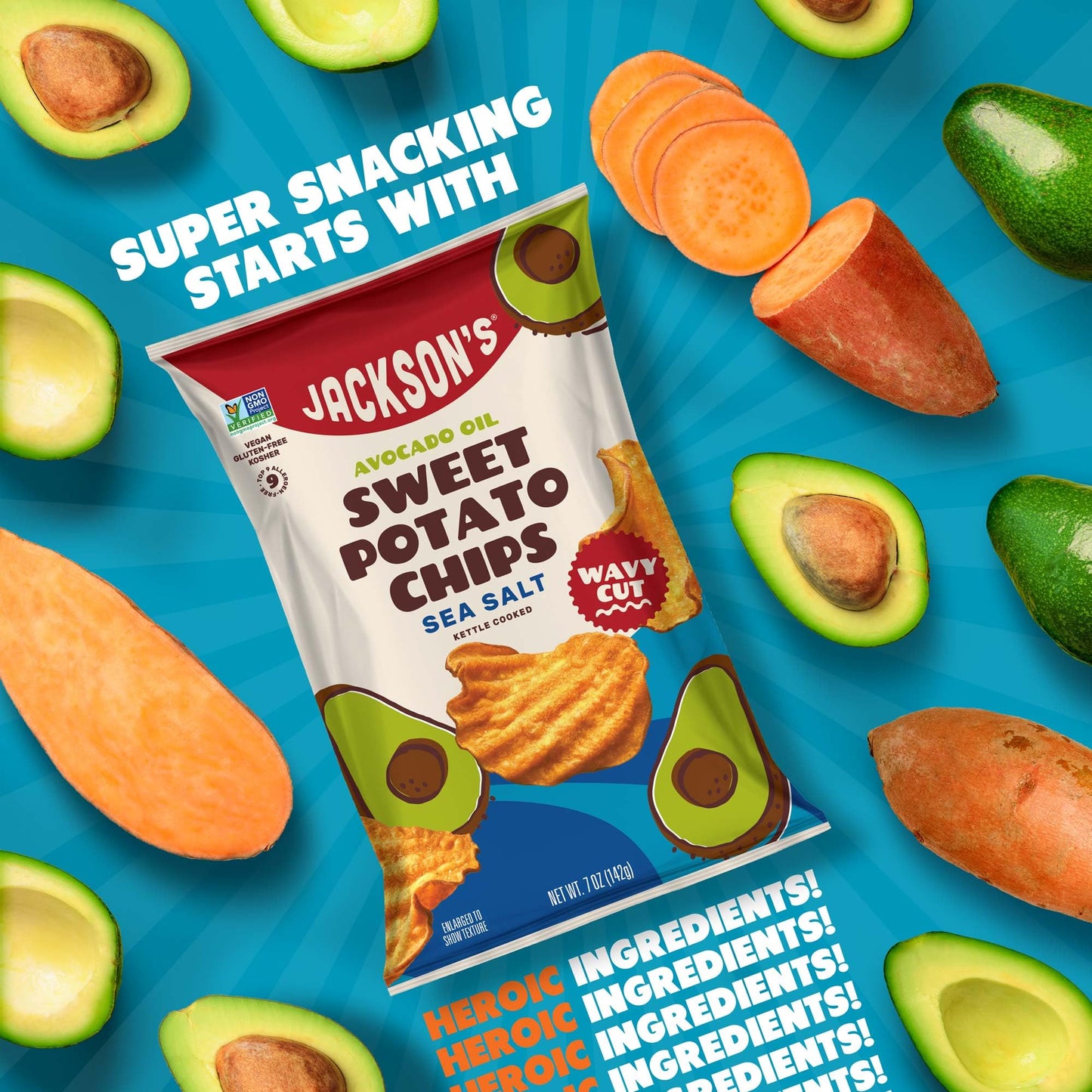 Jacksons Wavy Sweet Potato Kettle Chips, Sea Salt, 7oz, Pack of 6, Gluten Free, Vegan, Paleo Friendly