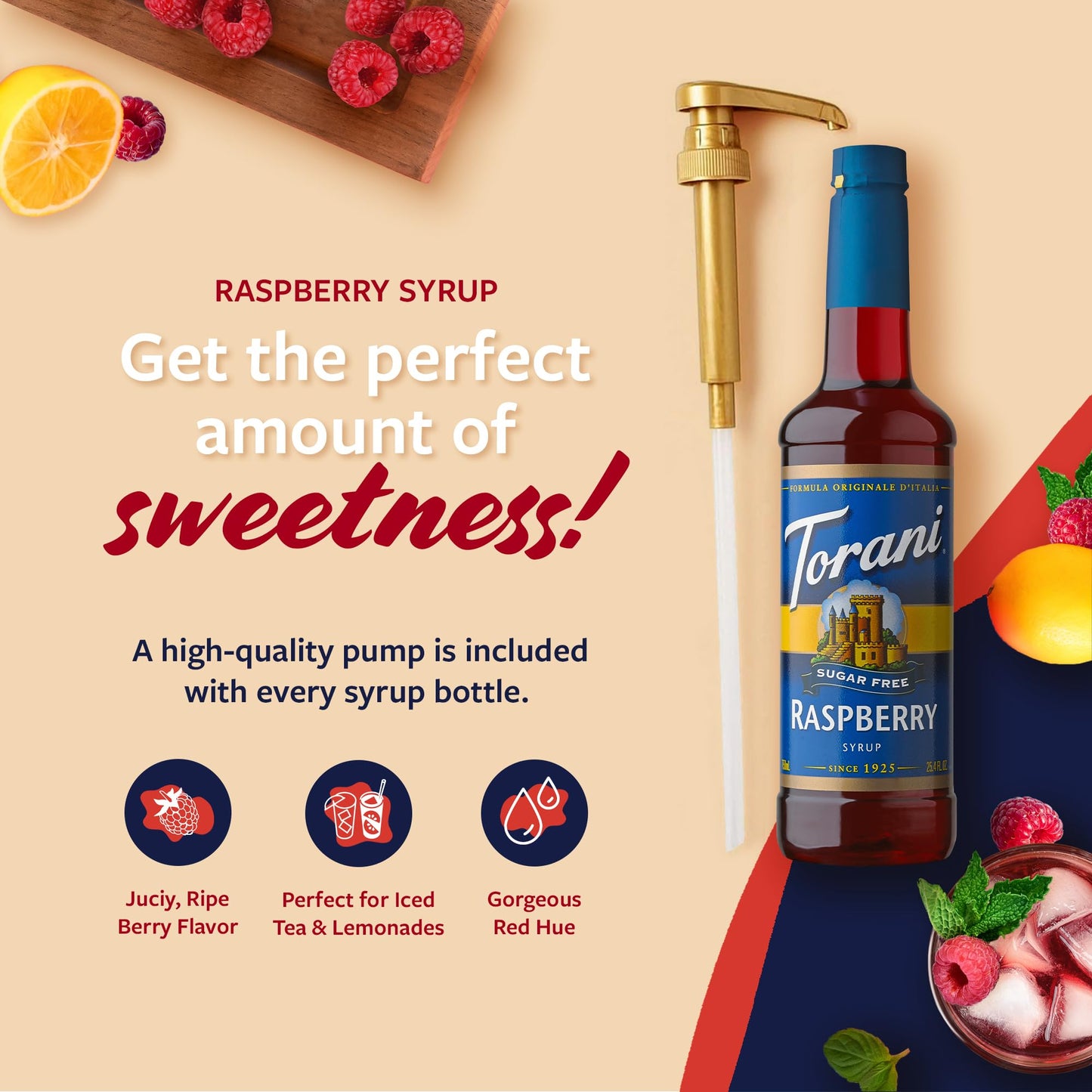 Torani Sugar Free Syrup, Raspberry Flavored Syrup For Drinks, Zero Calorie, Pump Included, 25.4 Fl Oz