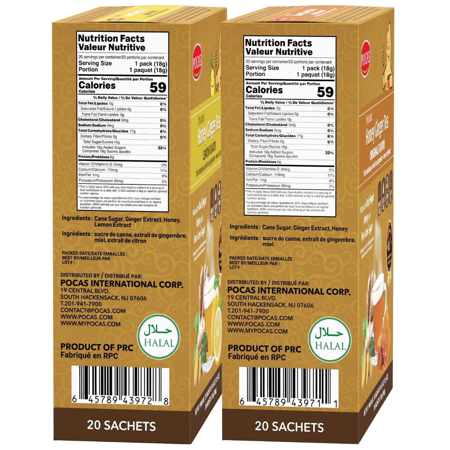 Pocas Honey Ginger Tea Bundle - Original & Lemon Flavor, Instant Tea Powder Packets, Non-GMO, Gluten Free, 40 Count