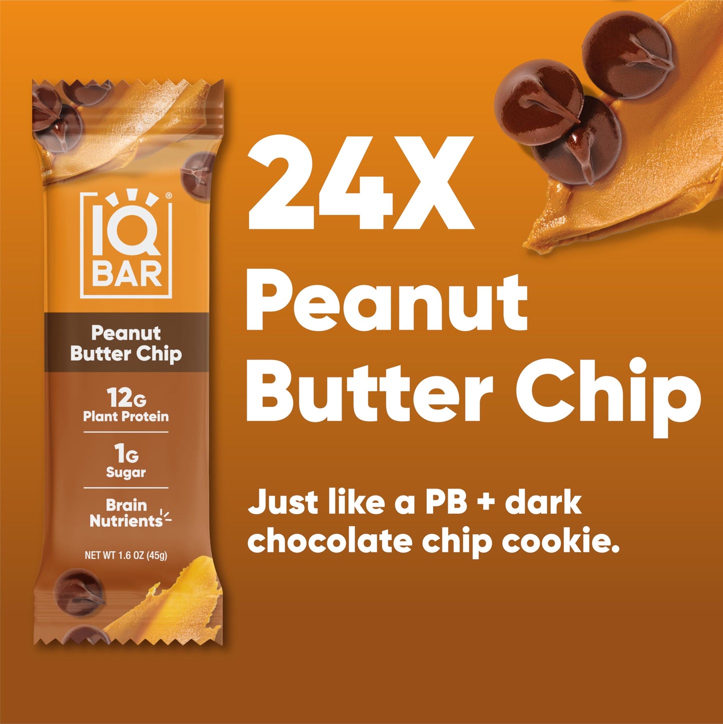 IQBAR Plant Protein Bars - Peanut Butter Chip - 24 Count - Gluten Free, Vegan, Low Sugar, High Fiber Snacks