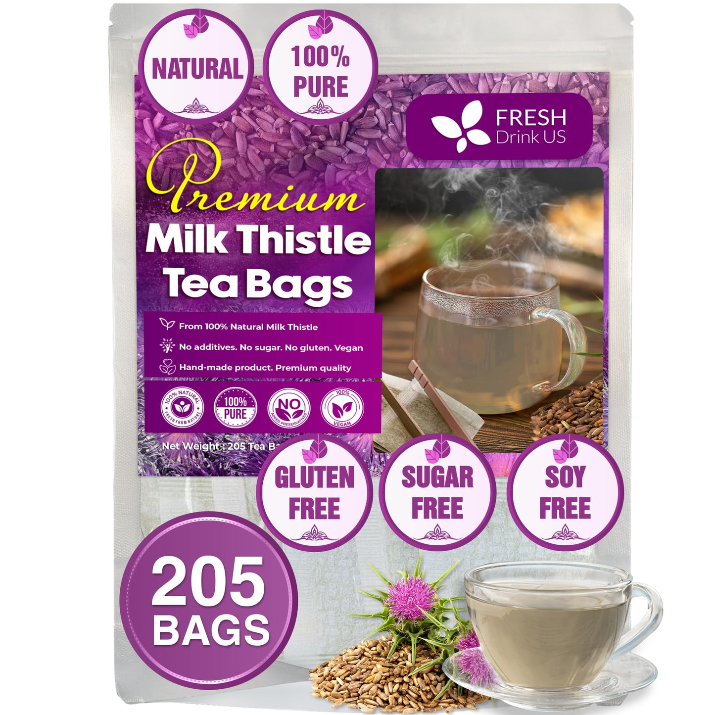 FRESHDRINKUS Premium Milk Thistle Herbal Tea - 205 Natural Tea Bags, Vegan, Sugar-Free, Caffeine-Free, Gluten-Free