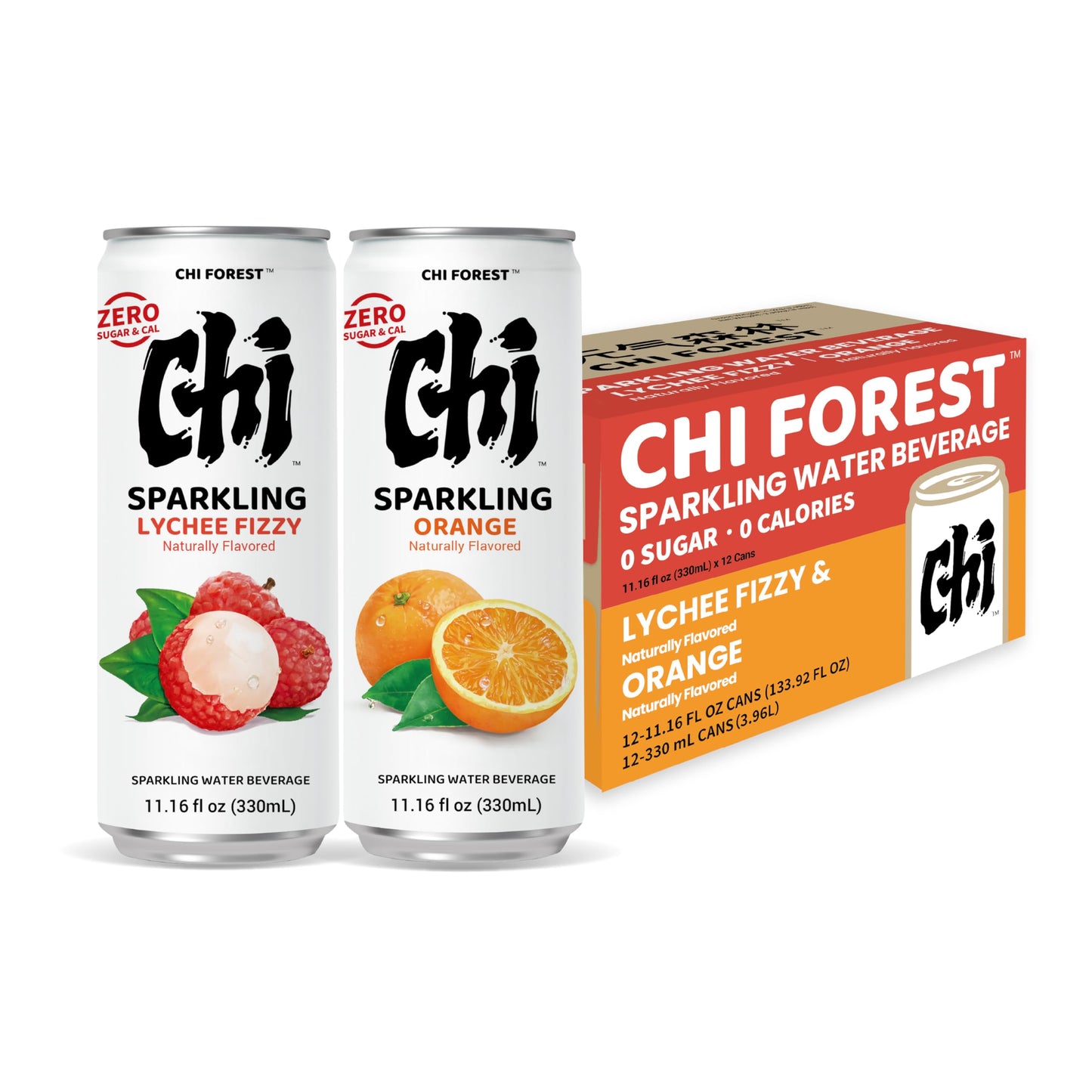 CHI FOREST Sparkling Water Beverage  Lychee & Orange drinks  Zero Sugar or Artificial Flavor  11.16 fl oz Cans (Pack of 12)