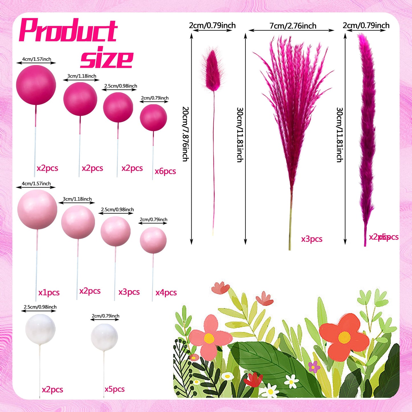 40 Pcs Hot Pink Girl Cake Toppers Ball Decoration Boho Bunny Tails Reed Grass For Wedding Birthday Baby Shower Party Supplies