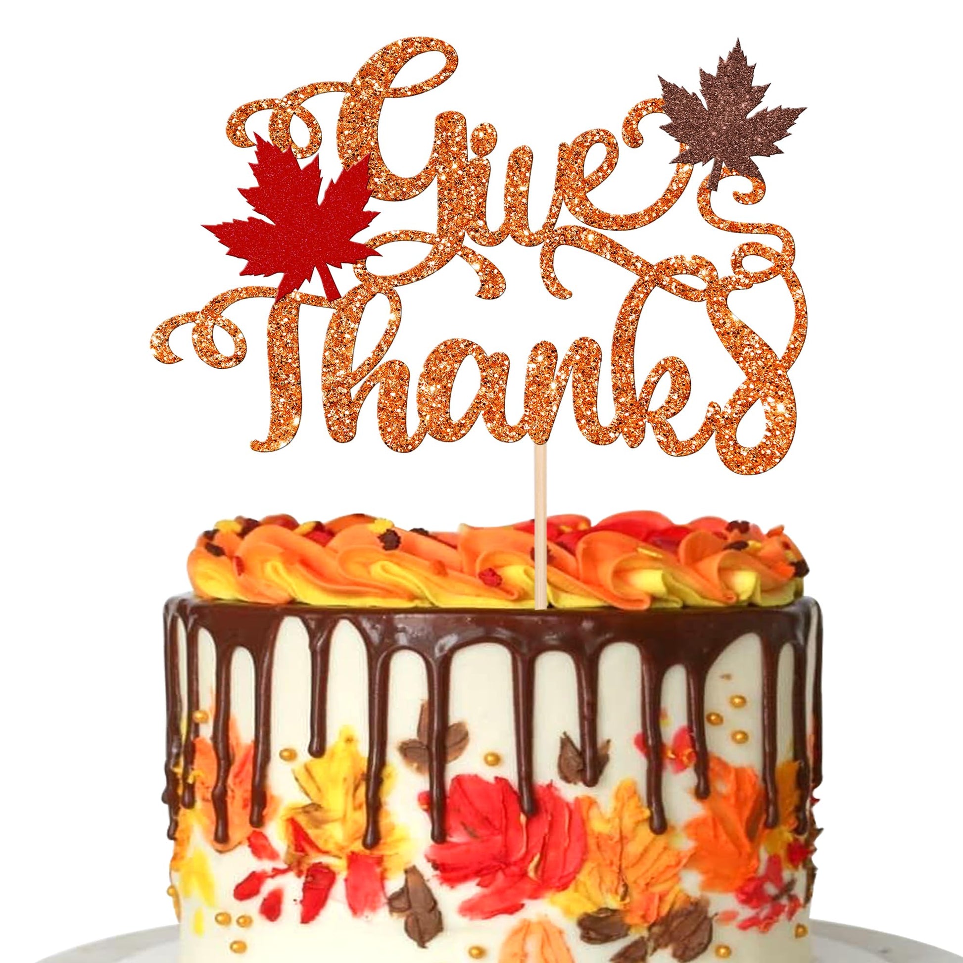 1 Pcs Give Thanks Cake Topper Glitter Maple Leaves Autumn Happy Thanksgiving Cake Pick Fall Harvest Thankful Grateful Blessed Ca